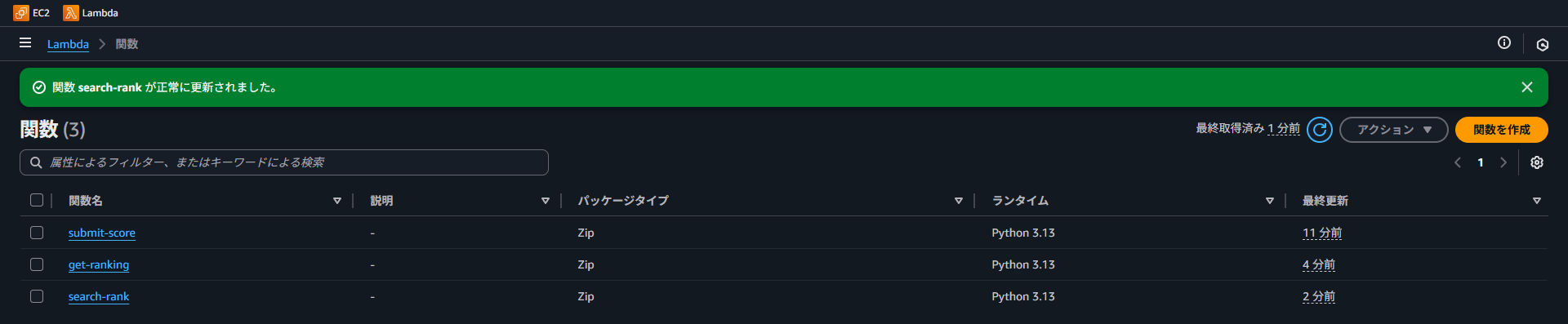 Lambda関数の一覧画面
